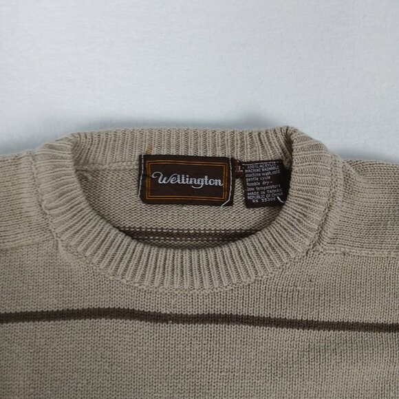 Vintage 90s Wellington Y2K Black Red Striped Tan Knit Crewneck Sweater - Picture 4 of 6